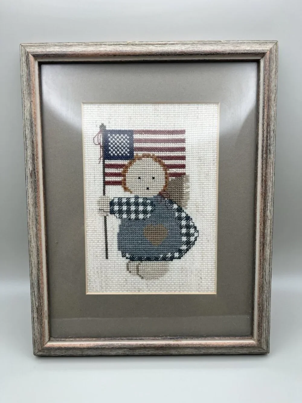 VTG 80s Patriotic Cross Stitch Girl US Flag Framed Cottage Farmhouse Americana